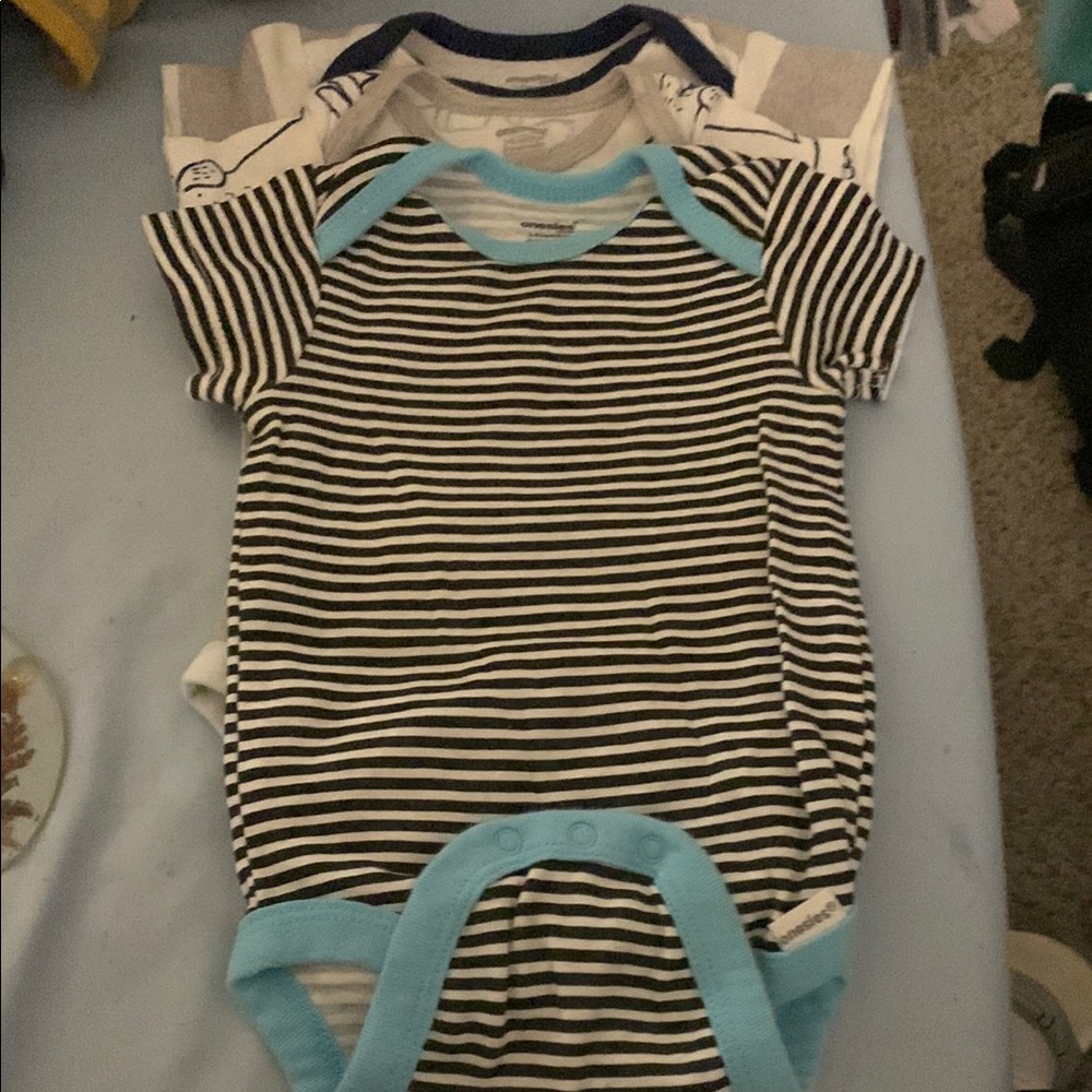 Striped Baby Boy Onesies 3-pack with Blue Accents, striped and with puppy